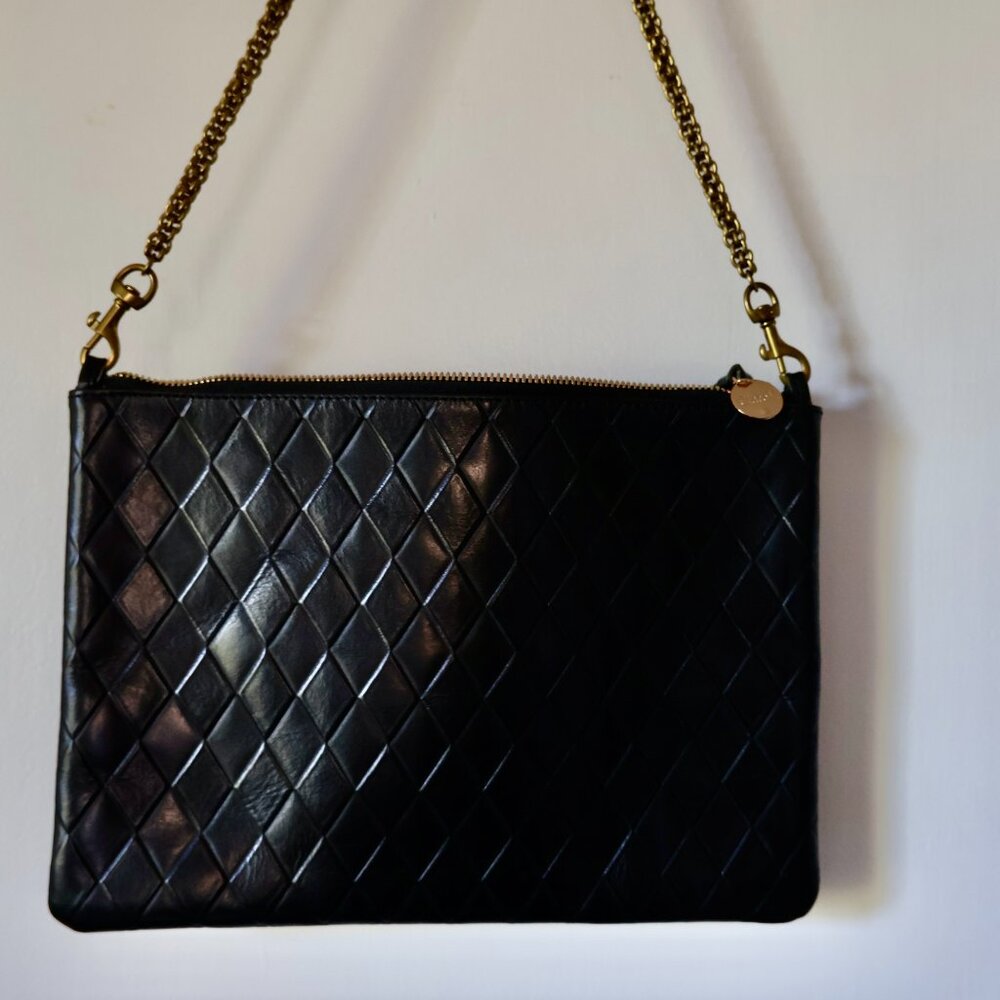 Clare V Clutch in Black Diamond Pattern Leather EUC